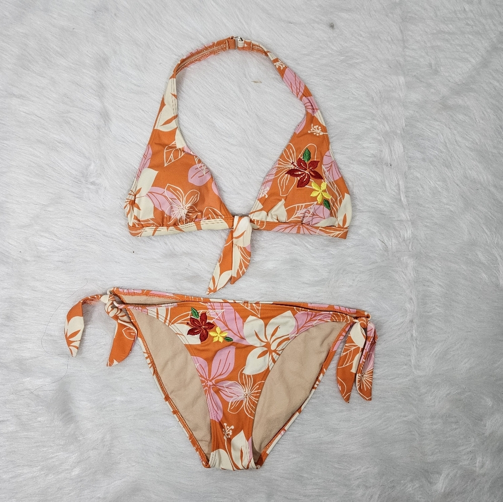 Vintage Floral Orange Bikini Set Whit Embroide Floral